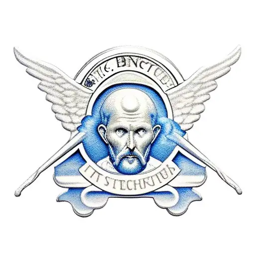 St Benedict Emblem With Angel Warrior Silhouette Flying In Front