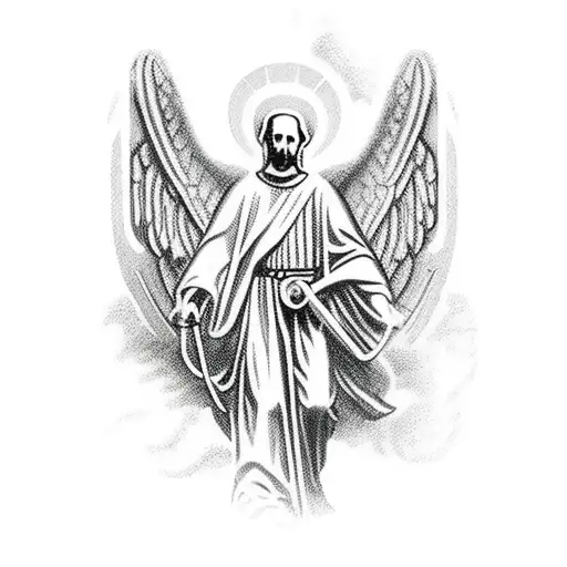 St Benedict Back Of Emblem With Angel Warrior Silhouette Flying In Front