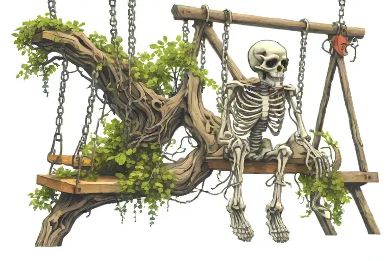Skeleton At Spooky Playground Swing With Tree