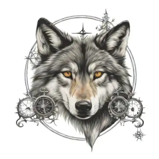 Tattoo With Gray Wolves On The Compass
