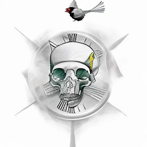 Cardinal Bird With Pile Of Skulls And Hour Glass