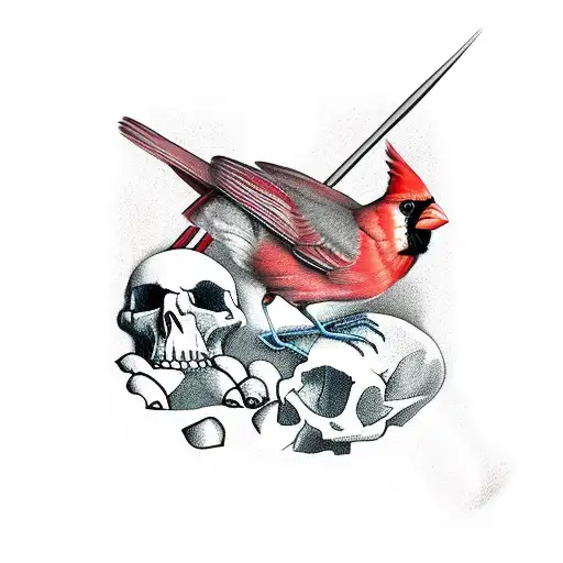Cardinal Bird With Pile Of Skulls And Hour Glass