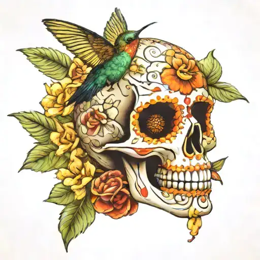 A Sugar Skull With Flowers On Top Of The Skull With A Hummingbird Drinking Nectar From The Flowers