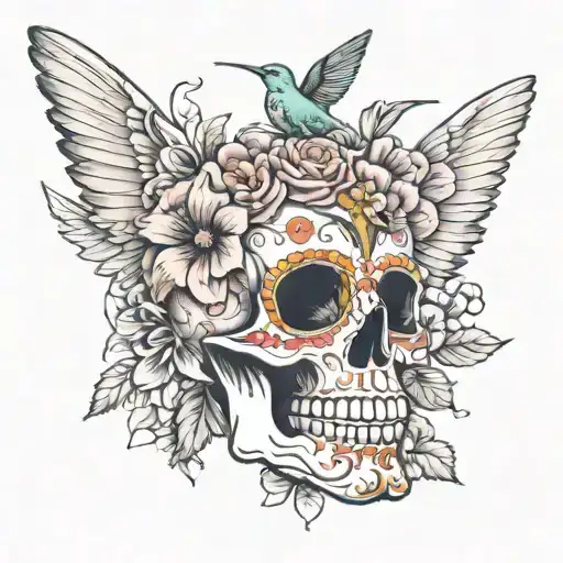 A Sugar Skull With Flowers On Top Of The Skull With A Hummingbird Drinking Nectar From The Flowers