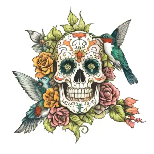 A Sugar Skull With Flowers On Top Of The Skull Ands A Hummingbird Drinking Nectar From The Flowers