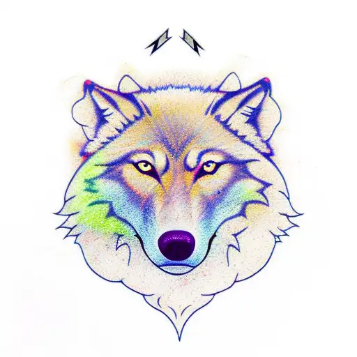 Fall Leaf With Wolf Outline Colored In With Aurora Borealis And Arrows Behind All Of It