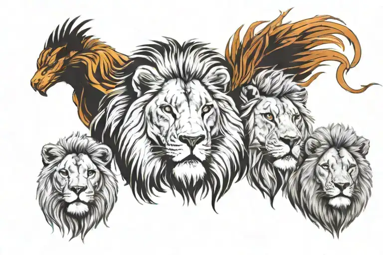 2 Adult Lions And 1 Cub Lion And Phoenix