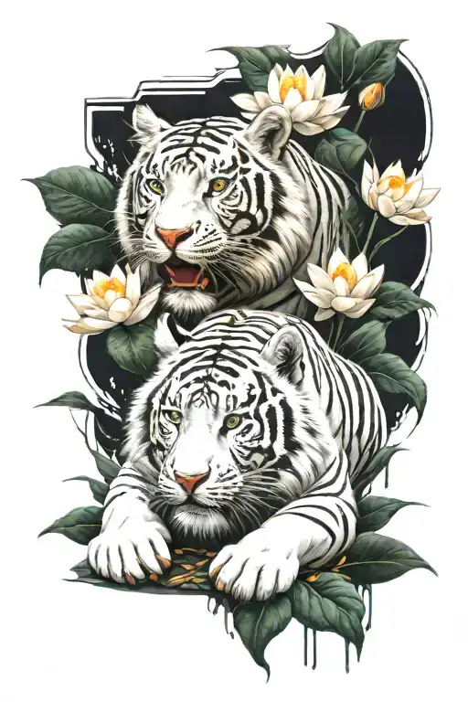 White Tiger With A Glowing Lotus Flower Underneth
