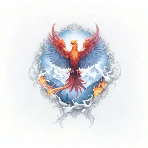 A Majestic Phoenix Rising From The Flames With Snow-capped Mountains In The Background
