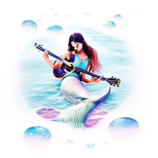A Serene Beach Scene With A Mermaid Playing A Guitar Under A Starry Sky