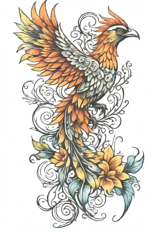 Phoenix Bird Feathers Flowers Full