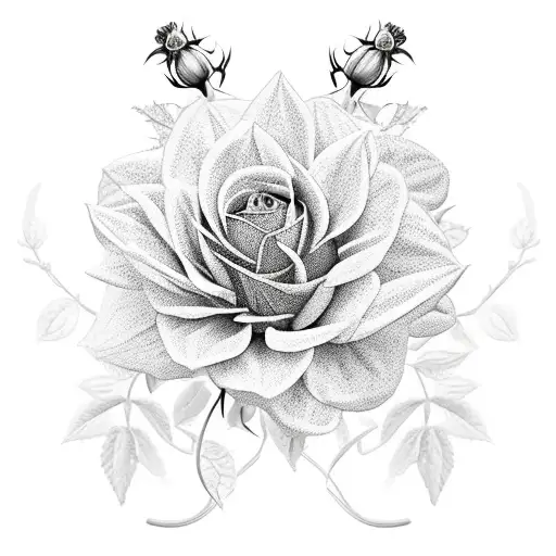 A Black-grey Design Featuring A Blooming Dahlia And Climbing Rose Vines