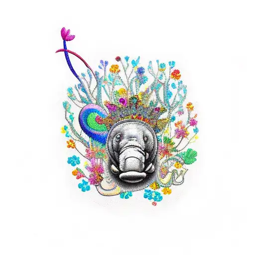 Colourful Tattoo Manatee Floating With Flowers Wearing A Crown