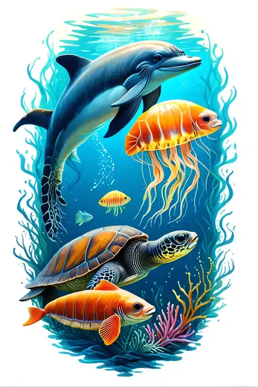 Underwater Scene With A Turtle Dolphin Jellyfish And Fish