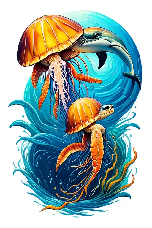 Turtle Jellyfish And Dolphin Swimming Up In A Spiral