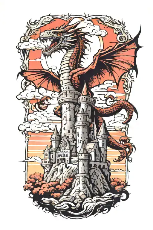 A Majestic Castle With A Dragon Flying Overhead