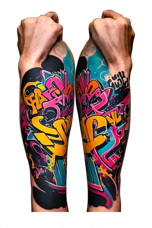 A Black Backdrop With Tate Vertically Running Down Forearm In Colorful Graffiti