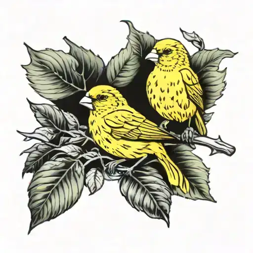 Yellow Canaries On A Single Branch Of Acorn Leaf