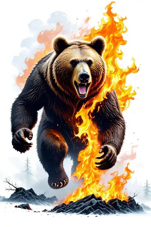 Bear On Fire Running Out Of A Forest Fire Surrounded