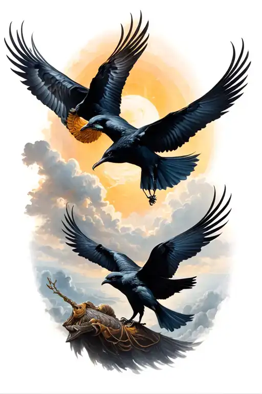 Huginn And Muninn Soaring Over Odins