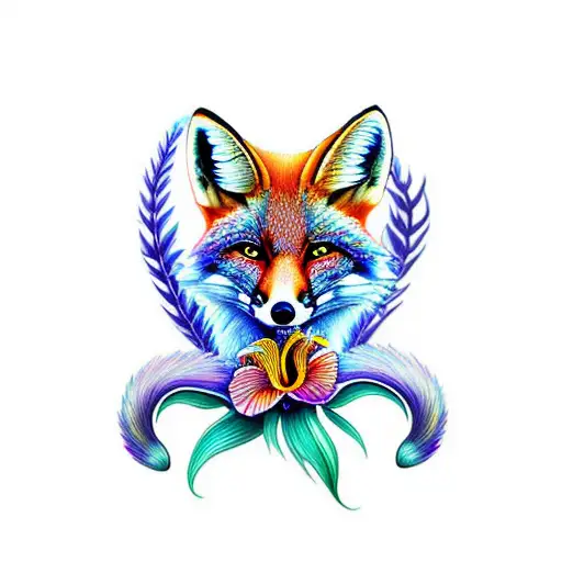 Wild 3 Tails Fox With Iris Flower