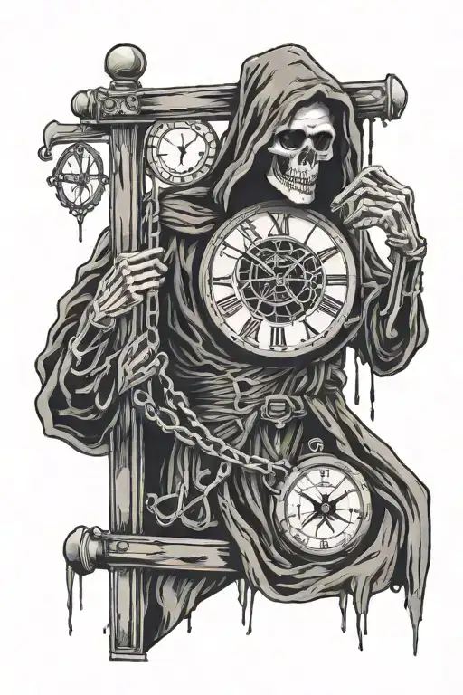 Grim Reaper Behind Iron Curtains Holding A Watch