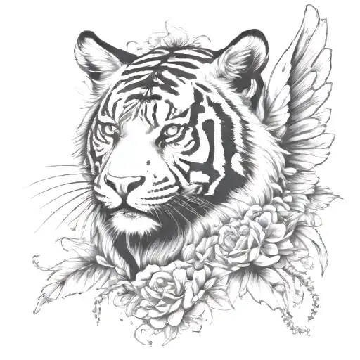 Tigers Head With Angel Wings Behind It An On The Ackground No Flowers