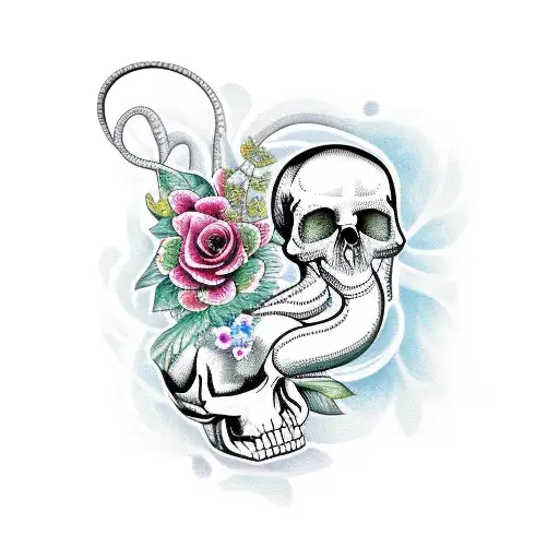Snake With Skull And Flowers Feminine Colourful