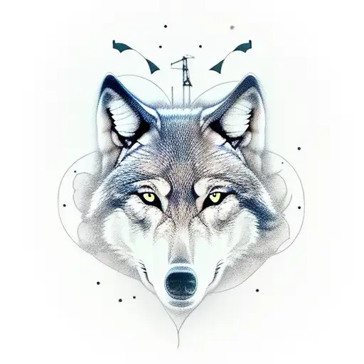A Minimalist Tattoo Of A Wolf Howling At The Moon In A Sci-fi Setting