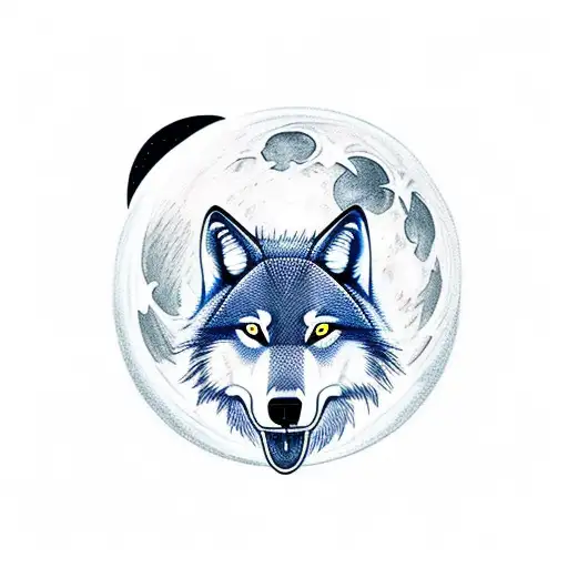 A Minimalist Tattoo Of A Wolf Howling At The Moon In A Sci-fi Setting