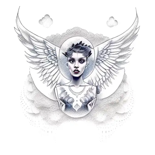 A Femme With Angel Wings And A Wolf In Dotwork Style
