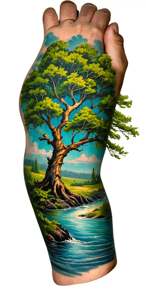 Tree On Shoulder River On Wrist Arm Sleeve Tattoo Featuring A Giving Tree