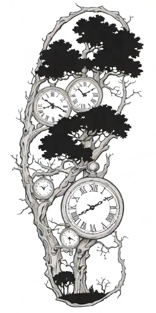 Oak Tree Branches With Three Clocks Integrated Into It For An Arm Sleeve