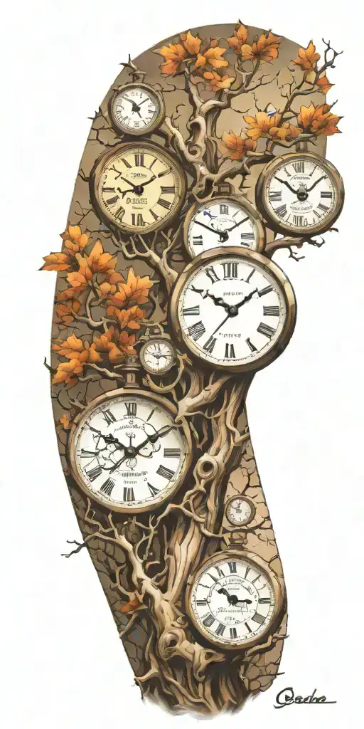 Oak Tree Branches With Three Clocks Integrated Into It For An Arm Sleeve
