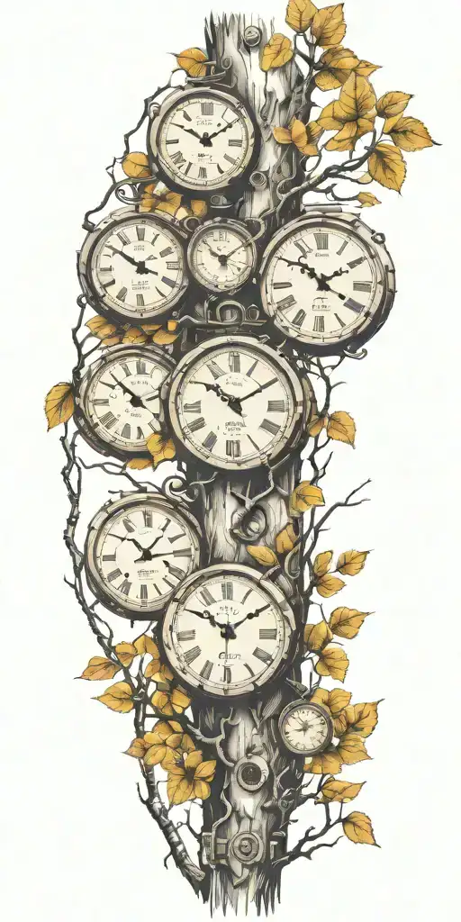 Birch Tree Branches With Three Clocks Integrated Into It For An Arm Sleeve