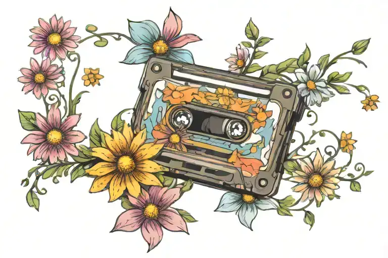 Cassette Tape With Groovy Daisy Flowers And Sparkles