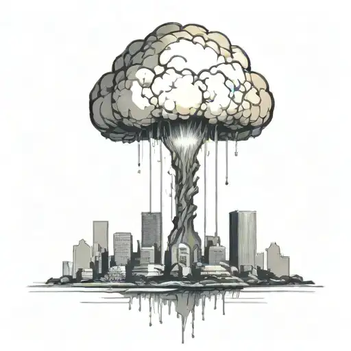 An Abstract Nuclear Explosion Mushroom Cloud Destroying A Major City In An Abstract Black Line Frame