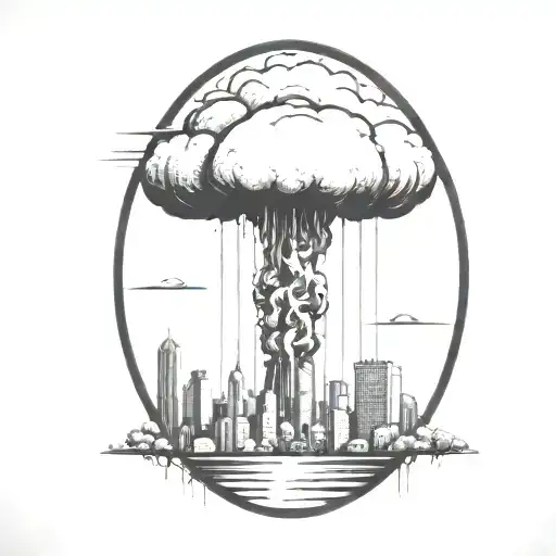 An Abstract Nuclear Explosion Mushroom Cloud Destroying A City In An Abstract Black Line Frame