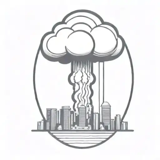 An Abstract Nuclear Explosion Mushroom Cloud Destroying A City In An Abstract Black Line Frame