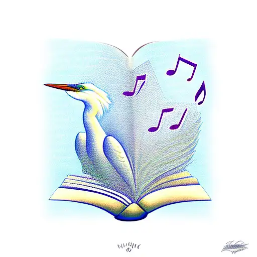 A Magical Egret Reading A Book Surrounded By Musical Notes