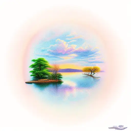 A Realistic Portrayal Of A Serene Lakeside Sunset With Vibrant Reflections On The Water