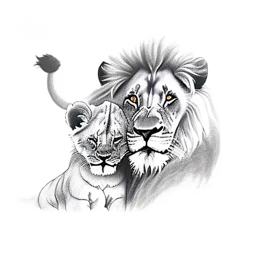 Lion With Cub In Jungle Sunset