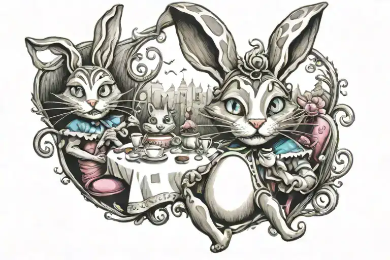 Alice In Wonderland With Bunny And Cheshire Cat