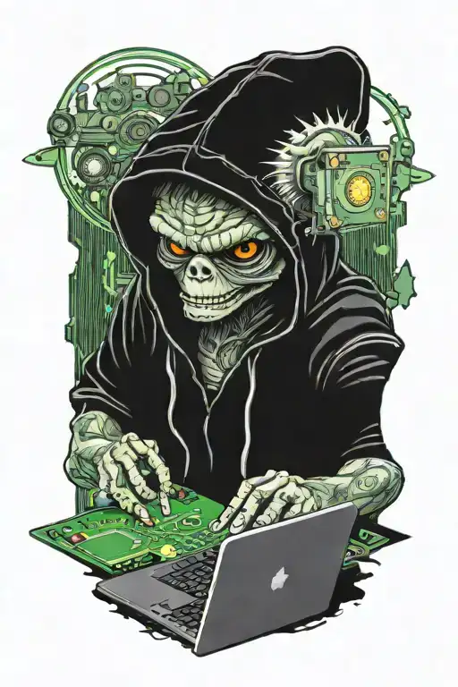 Gremlin Hacker Wearing A Hoodie Using A Laptop Circuit Board Soldering