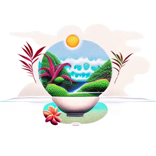 A Coffee Cup Surrounded By Tropical Plants And A Wave In The Background