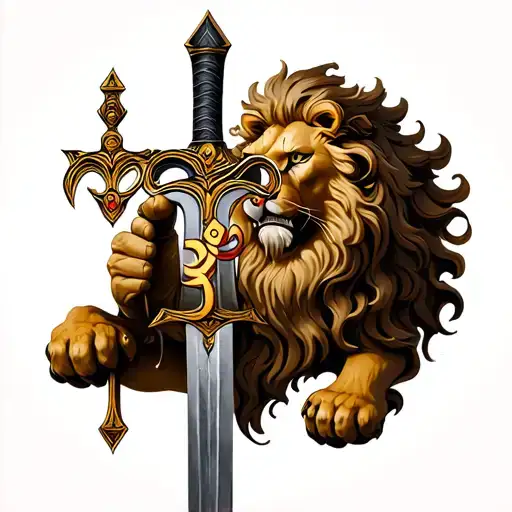 Lion Holding Sword With Aum Symbol In Center Of The Handle