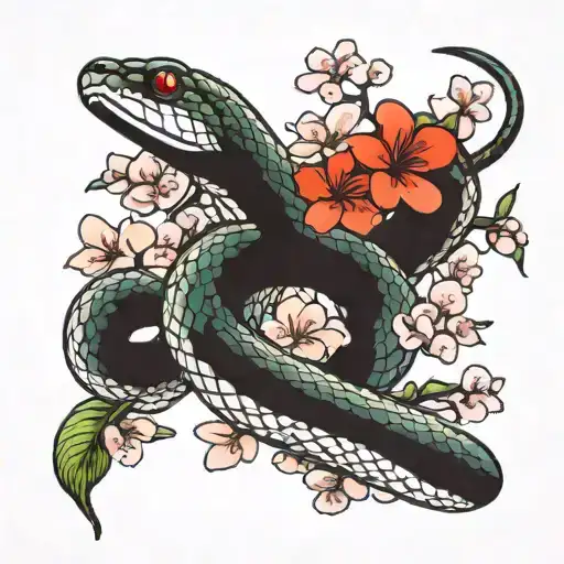 Snake And Cherry Blossom Flowers