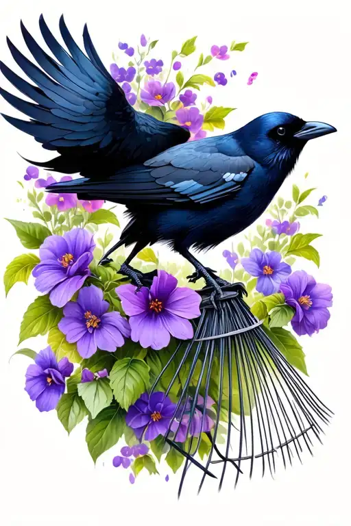 Crow Raking Flight And Purple Flowers