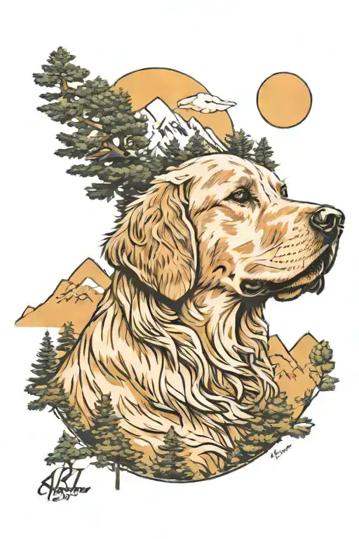 Portrait Of A Golden Retriever With Pine Trees And Granite Mountains Behind