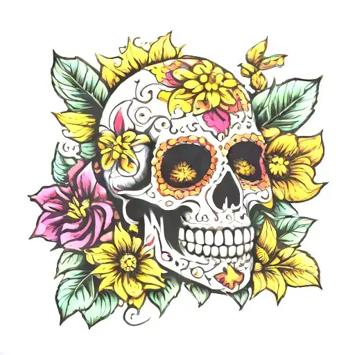 Sugar Skull With Sun Flower And Rubys
